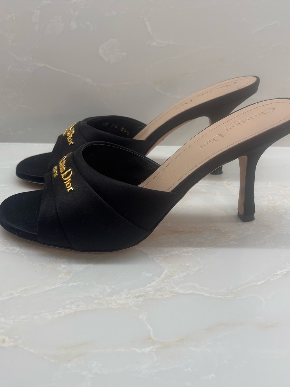 Christian Dior My Dior Heeled Slide Satin Sandals with Gold Logo - Picture 3 of 6